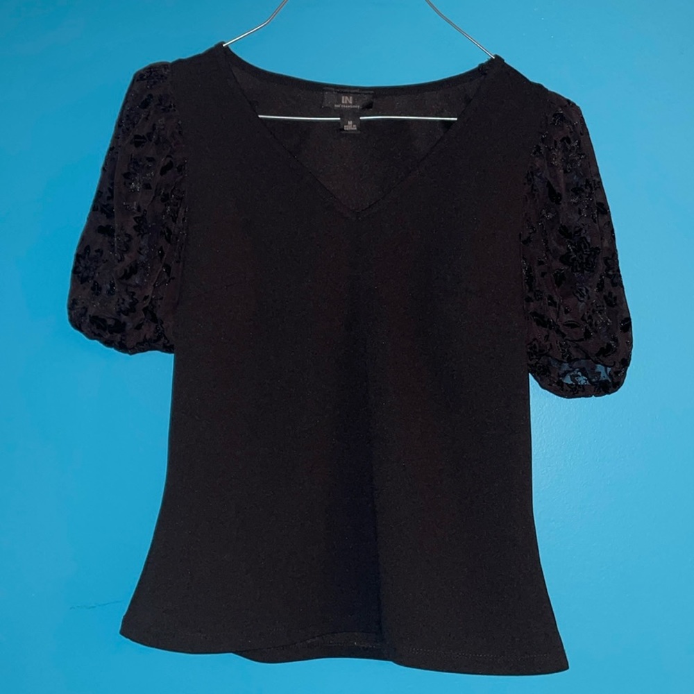 Black Top with Puffy Floral Sleeves